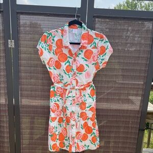 100% cotton darling orange patterned short sleeve button down dress with belt S